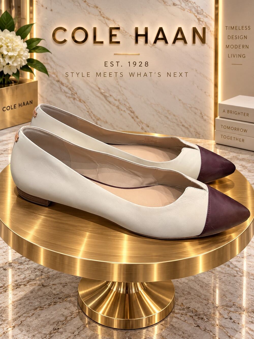 Cole Haan Grand.OS Cream Burgundy Leather Pointed Toe Flats Size 11B